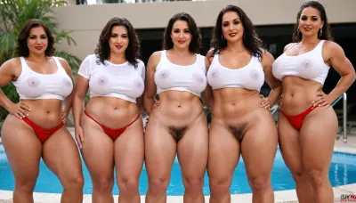 a gathering of six Tall Chubby muscular indian bodybuilder women vampire, fair, milf, housewives, (beautiful, cute:1.5), bulky, toned, modern, royal, classy, indian, sweaty wet, giant ass, (blocky abs), graceful, bbw, well defined abs, dense pubic hair, hairy inner thighs, long curly hair, glasses, sweaty, hairy armpits, thick thighs, massive breasts, massive muscles, massive thighs, extremely ginormous hips and ass, muscular, visible muscles, gold jewellery, lipstick, makeup, panties, posing at a wet tshirt competition, full body images, near pool, close up view, w3t, wet, tshirt, <lora:w3t_SDXL:1.4>