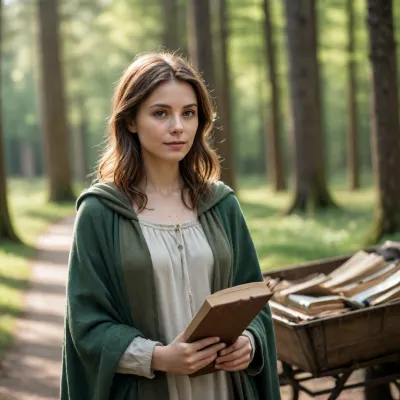 Light forest, bright sunlight, slender 30 years old woman, messy brown hair, simple tunic, washed green cloak, broken cart in background, women holding book in hands, small breasts
