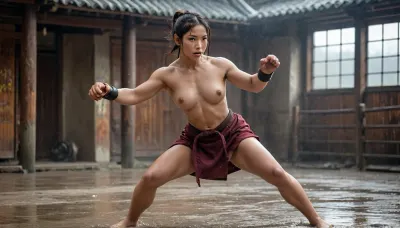 female fighter, asian naked girl warrior, fighting monk, wearing brown monks robe, (braided black hair), athletic and flexible, bubble butt, kick, karate, Taekwondo. kickboxing, warrior, rumble, dirty, mud, crowded, intense, wrestling, mma, high kicks, naughty, ((high detailed pores on skin)), detailed hands, rain, urban, robe covers body but private parts naked and visible, <lora:SDXL_BetterFaces-LoRA_v1:.7>