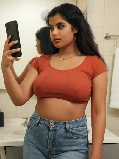 private fleeting candid moment, analog film photography, film grain, photorealistic, warm soft dorm room lamp light, adult Tamil woman college age taking a mirror selfie alone in her dorm bathroom phone raised in one hand slightly defiant slightly nervous the expression of someone doing something they have never done before and liking it, tamil dravidian very deep warm brown skin, (dark skin:1.1), melanin rich smooth youthful natural skin texture, (naturally large dark deep brown areola authentic to her dravidian tamil skin tone:1), (full figured naturally curvaceous build:1.1), (heavy full bust disproportionate to her frame:1.5), (heavy bust with significant natural weight and droop:1), soft naturally rounded belly, (wide round full hips:1.1), very full thick thighs slim defined waist, youthful fresh faced features soft round face wide-set dark almond eyes thick dark naturally defined brows soft full lips warm nude lip the beginnings of makeup she taught herself from YouTube barely-there but intentional small gold nose stud, very long thick dark hair worn loosely down unbraided uncontrolled the way her mother never lets her wear it, small gold hoop earrings a thin gold chain, a fitted deep rust orange ribbed crop top the crop hem sitting above her belly button her soft rounded belly and belly button fully exposed, high waist wide leg light wash denim jeans, one hand holding the phone toward the bathroom mirror the other loosely at her side the dorm bathroom mirror showing her reflection and the phone screen simultaneously, the particular expression of a young woman who is becoming someone her parents back home would not immediately recognize and is not sure yet whether that terrifies her or thrills her — both, bright white dorm bathroom tiles the mirror above the sink the ordinary dorm bathroom the backdrop for this very private act of self-expression, very shallow depth of field sharp focus on her reflection in the mirror the phone in her hand the crop top the exposed belly the unbraided hair photorealistic 4K.

chest, very dark dimly lit room, <lora:clothed_small:.8>, <lora:milkers_v2:1.6>