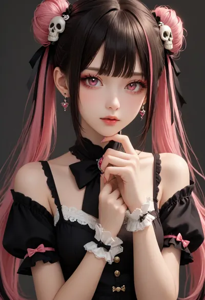 1girl, solo, long hair, breasts, looking at viewer, bangs, simple background, black hair, hair ornament, dress, bow, ribbon, bare shoulders, twintails, jewelry, very long hair, upper body, pink hair, short sleeves, multicolored hair, earrings, parted lips, detached sleeves, sleeveless, puffy sleeves, hand up, bowtie, pink eyes, grey background, hair bun, nail polish, black dress, puffy short sleeves, wrist cuffs, double bun, black bow, makeup, sleeveless dress, black background, brooch, gem, pink nails, skull hair ornament, <lora:Dusk_XL_Goth_Moon_dadapt_cos_1e-7:.8>