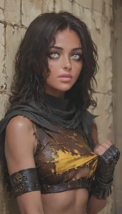A beautiful fantasy rogue with a seductive figure, dark brown female skin, long messy curly black hair and yellow eyes. She is wearing a cropped black leather turtleneck top, a long hooded black cloak, a black mask pulled over her mouth and nose, fingerless black leather gauntlets, a tiny black g-string and long skirt with pelvic curtain, and black leather thigh-high boots. She has a dagger holstered on her thigh. She is standing dramatically, with one hand on her damaged top. She has an intense stare. She is alleyway in a gothic fantasy city. It is a dark and stormy night. There is a large full moon. Art style, anime or semi-realistic with a fantasy mood, hdr, perky breasts, big ass, huge legs, eye shadows, ratatatat74, look, at, my, prompts, <lora:cartoon_stickers_xl_v1:.8>, <lora:outline_xl_kohaku_delta_spv5x:.8>, <lora:ratatatat74-000050:.8>, <lora:NEOTOKIOXL_0.2_RC:.8>, Brown, skin, <lora:Tan_Pokemon_Anime_style_girl:.8>