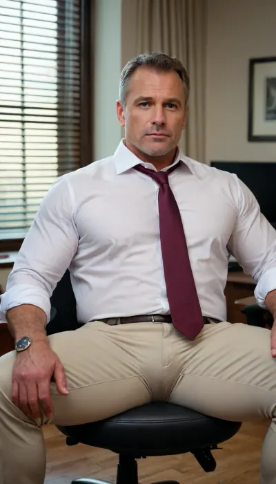 middle age lean muscular hung daddy sitting on an office chair, white fully unbuttoned shirt, raw, lighting, harsh, flash, sexy brutal daddy, evening light, ((Very big Suited bulge)), ., <lora:legaleagle:1.4>, briefs