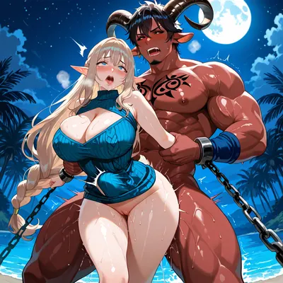 score_6, original, milf, mature female, woman small body, (long light brown hair with blong highlights), (very short elf ears), (black sclera with bright light blue iris), messily braided plait over her shoulder, beautiful eyes, sensual mouth, medium-sized breasts, ((woman with no horns)), blush, big ass, .

blue knitted sleeveless sweater dress with cleavage, dress with tribal pattern, luminous blue bangles, .

giant male, (giant male with goat horns), (muscular man, man with dark red skin, man with long black hair, man has goatee), very huge cock, .

mirror-smooth water surface, night, full moon, lagoon, perfectly closed pussy, stomach bulge, screaming, trembling, teary eyed, woman is chained to man´s body, ((woman's arms are chained to man´s back)), man grabs woman's breasts, woman is man´s onarmor, chain, huge size difference between man and woman, bound, huge cow cock anal, .

sensual mouth, Perfect face, perfect body, perfect eyes, perfect pupils, perfect fingers, round ass, (High, Resolution), (More, Details), (8K), DauntlessXL, Style, Fleshy, lips, Puffy, Detailed, wide, onarmor, meatshield, fannypacking, <lora:torino-XL-v2-ep20:.7>, <lora:DauntlessMixSDXL:.7>, <lora:Lips._Fleshy_lips_Anime-000009:.8>, <lora:ClearKing_XL_v1_AutoRunMech:.8>, <lora:onarmor_xl:.8>