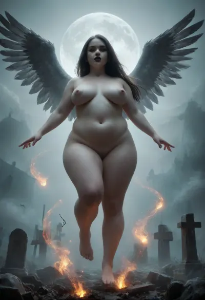 A decaying cemetery at night. The full moon peeks through the clouds. White fog comes out of a grave. A obese ghostly girl appears out of the fog. She spread her arms. She is standing 4ft up in the air. She is completely naked, unnaturally white skin, unnaturally fully black eyes, dark black lipstick, extremely long hair, unnaturally white hair, slim body, full nude, extremely short body, extremely chubby, extremely wide hips, fat butt, extremely chubby chest, extremely petite, bottom view, floating in the air, dark, evil, angel, fire, misty, ghost, floating, ais-ghostly, mentixis, metix, <lora:Halloween_Series_Evil_Angel:.6>, <lora:PAseer-SDXL-MistyGhost:.7>, <lora:Ghostly_Style_SDXL:2>, <lora:mentixis:1.4>, <lora:ahxl_v1:2>