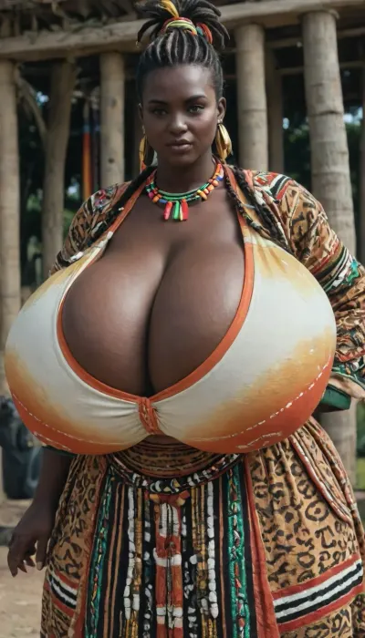 (an African tribe only of absolutely black skinned female tribal women:1.95), (very overflowing gigantic massive very saggy breasts cleavage:1.95), Tribal village square, African tribal updo hairstyle, rich decorated African traditional tribal jewelry, (colorful African traditional tribal fur clothes:1.55), (very gigantic massive overflowing colorful low cut cleavage:1.05), presenting bust, wide hips, small waist, very hairy pussy, (fully clothed, no nudity:2), loincloth, colorful kanga, colorful gomesi, colorful kitenge, colorful sarong, proud, arrogant, slutty, sloppy