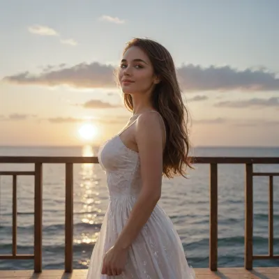 A beautiful young woman standing on the deck of a luxurious elegant yacht on a bright sunny morning, golden sunlight, clear blue sky with soft white clouds, endless calm ocean horizon. She wears a flowing light white summer dress gently moved by the wind, long hair gracefully blowing in the sea breeze, serene and joyful smile, looking towards the horizon with a sense of freedom and adventure. Romantic and peaceful atmosphere, cinematic lighting, golden hour glow, highly detailed, photorealistic, sharp focus, 8k, masterpiece, best quality, intricate details, stunning composition, serene ocean waves, fresh and vibrant colors, dreamy and inspiring mood