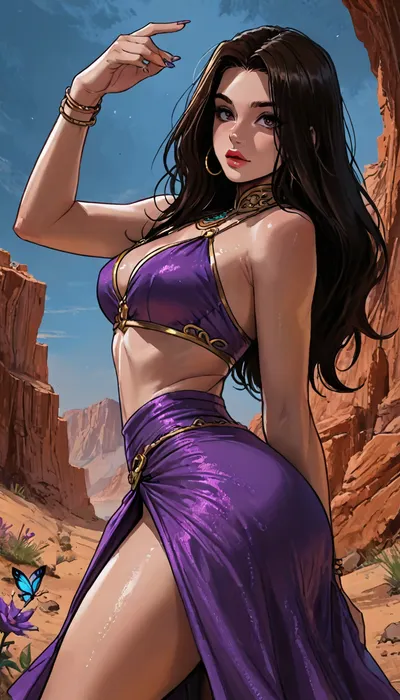 ((Melkor mancin meet markgavatino style)), (((perfect eyes))), ((Arabic burlesque princess in an intricate embroidered outfit, tight skirt)), (dynamic pose:1.4), deep cleavage, (night time desert oasis), glowing purple flowers butterflies, (reiq style), Score_9, score_8_up, score_7_up, masterpiece, (1woman, 8k resolution, ultra-detailed), large wet booty ass, solo, ratatatat74, super thick long hair, hair trinkets, bright lipstick, bright eyes, <lora:LCMTurboMix_Euler_A_fix:1.1>, <lora:ratatatat74-000050:1.1>, <lora:EnvyAnimeDigitalPaintingXL01:1.1>, <lora:SDXLSamDoesArts:1.1>