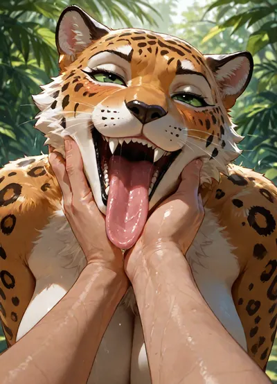 Masterpiece, high Quality, simple background, Best Quality, best quality, very awa, photorealistic, 1girl, furry, leopard, light-green sclera, black eyes, black nose, whiskers, orange body, orange fur, white body, white fur, two tone body, two tone fur, black spots, spotted body, no humans, looking at viewer, blush, heavy breathing, open mouth, drooling, rolling eyes, saliva, barbed tongue, evil smile, sharp teeth, fangs, toned, nude, Big breasts, dynamic angle, side view, close-up, mouth focus, pov hands, hand touching cheek, head resting on hand, head tilt, looking at hand, licking hand, interspecies, motion lines, BREAK
1boy, human, light skin, faceless male, outdoors, dappled sunlight, jungle, <lora:add-detail-xl:1.2>, <lora:LCMTurboMix_Euler_A_fix:.8>