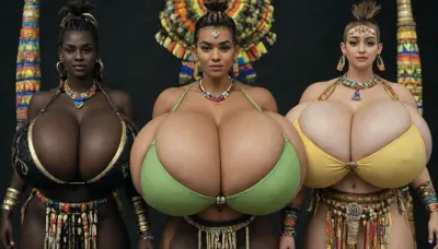 (Caucasian Colonial expedition corps exploring an African tribe only of absolutely black skinned female tribal warrior women:1.95), (very overflowing gigantic massive saggy breasts cleavage:1.65), Tribal village square, African tribal updo hairstyle, rich decorated African tribal jewelry, colorful African traditional clothes, (very gigantic massive overflowing colorful low cut cleavage:1.55), presenting bust, wide hips, small waist, very hairy pussy, (fully clothed, no nudity:2), loincloth, colorful kanga, colorful gomesi, colorful kitenge, colorful sarong, proud, arrogant