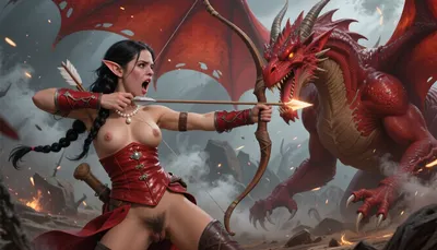 a beautiful young elf princess, SamDoesArt2, frightened, open, mouth, clenched, teeth, (dark haired skinny female elf:1.3), very beautiful face, plump labia, pubic hair, open pussy lips, dark tan skin, braided black hair, french braid, pearl necklace, small breasts, stiff nipples, pearl jewelry, red leather ranger armor, red leather bodice, carrying a bow, firing an arrow, elegant, dynamic pose, elf ears, perfect eyes, elaborated beautiful woman, masterpiece, full body view, she faces down a red dragon, the dragon faces her and towers over her, her arrow flies from her bow into the neck of the dragon, the dragon claws at her body, wide shot showing side view of dragon and elf facing eachother, elf is much smaller than the dragon, Oil painting style, Greg Rutkowski inspired, ethereal, cinematic lighting, hyper-realistic, 8k resolution, intricate detail, high fantasy, "Lord of the Rings" aesthetic. A cinematic wide shot of a beautiful elvish princess in ranger armor facing a massive red dragon, amid a battlefield with smoke and magical sparks, epic scale.