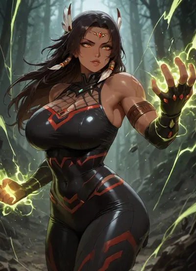 Native woman. Athletic. Large breasts. Fit. Strong. Glowing hands, blasting energy. Spider themed super hero.