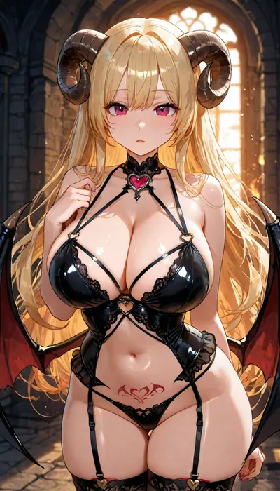 (Glossy liner hentai style:1.8), masterpiece, 4K best quality, high quality, maximum details, high resolution, thin blonde showing her breasts posing in sexy lingerie with a heartshaped womb tattoo on stomach, (((curled horns))), (((demon wings))), in a dungeon, flames, <lora:LCMTurboMix_Euler_A_fix:1.1>, <lora:add-detail-xl:1.2>, <lora:attractive_notrigger:1.1>, <lora:detailed_notrigger:1.2>, <lora:womb_tattoo_v6_SDXL:1.2>