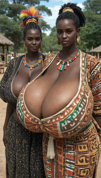 (an African tribe only of absolutely black skinned female tribal women:1.85), (very overflowing gigantic massive very saggy breasts cleavage:1.95), Tribal village square, African tribal updo hairstyle, rich decorated African traditional tribal jewelry, (colorful African traditional tribal fur clothes:1.55), (very gigantic massive overflowing colorful low cut cleavage:1.05), presenting bust, wide hips, small waist, very hairy pussy, (fully clothed, no nudity:2), loincloth, colorful kanga, colorful gomesi, colorful kitenge, colorful sarong, proud, arrogant, slutty, sloppy