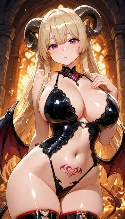 (Glossy liner hentai style:1.8), masterpiece, 4K best quality, high quality, maximum details, high resolution, thin blonde showing her breasts posing in sexy lingerie with a heartshaped womb tattoo on stomach, (((curled horns))), (((demon wings))), in a dungeon, flames, <lora:LCMTurboMix_Euler_A_fix:1.1>, <lora:add-detail-xl:1.2>, <lora:attractive_notrigger:1.1>, <lora:detailed_notrigger:1.2>, <lora:womb_tattoo_v6_SDXL:1.2>