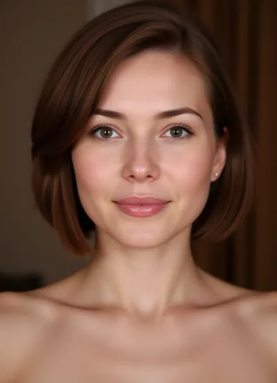 Ultra-detailed photorealistic portrait of a mature russian woman, age 50 during intrensive moaning orgasm, with highly symmetrical facial anatomy, expressive hazel eyes, and refined natural beauty. Elongated oval face shape, face length about 1.4× face width. High broad forehead occupying the upper third of the face. Moderately pronounced high cheekbones, widest point slightly above nostril level. Soft feminine jawline without sharp angles. Medium-small rounded chin, slightly tapered. Fair ivory-beige skin with neutral-warm undertones, realistic texture, soft pores, faint lines around eyes and nasolabial folds, natural glow on forehead and cheekbones. Medium-sized almond-shaped hazel eyes with warm brown-green tones. Eyes spaced one eye-width apart, positioned along the facial midline. Outer eye corners slightly elevated by 3–5 degrees, creating an attentive thoughtful gaze. Moderately hooded upper eyelids with visible crease. Medium-large irises for an expressive intelligent look. Medium-density eyebrows with soft angular arch. Brows begin vertically above inner nostril edges, arch peaks above outer iris, tails align diagonally from nostril through outer eye corner. Straight elegant nose of medium length with narrow-to-medium bridge, smooth profile, softly rounded tip, compact symmetrical nostrils. Nose width approximately equal to distance between inner eye corners. Inner eye corners align vertically near outer nostril edges. Nasal tip positioned midway between eye line and chin. Lips medium-full with clearly defined contour, upper lip slightly thinner than lower lip. Soft Cupid’s bow. Mouth width aligns near inner iris positions. Lower lip gently rounded. Natural muted berry-pink lipstick. Neutral to slightly downward mouth corners create composed serious expression. Moderate philtrum length. Thick chestnut-brown hair with warm copper undertones, styled in layered chin-length or shoulder-length bob with soft curls or waves. Hair volume frames temples and cheekbones, emphasizing eyes. Orgasm expression, pleasure and suprise presence, subtle introspective gaze slightly off-camera. Appearance resembles a sophisticated psychologist, lecturer, author, or public intellectual. Cinematic editorial portrait photography, ultra realistic skin texture, natural soft lighting, shallow depth of field, 85mm lens look, authentic mature beauty, highly detailed facial proportions, photorealistic rendering.