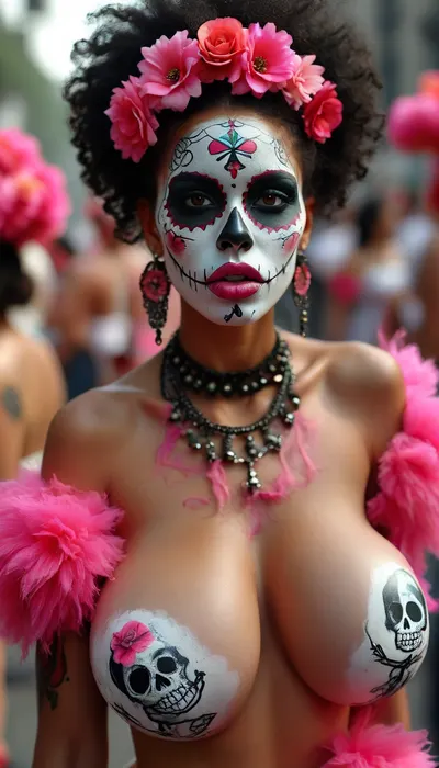 Long shot, full body image, dia de los muertos, Afro beauty with skull face paints sticking out her very long pink tongue, huge parade in Mexico City, Day of the Dead, nude, but, large, breasts, big, boobs, huge, tits, <lora:BUT_SDXL_SHS:.8>, <lora:MJ52:.8>, <lora:bombshell_v2:.4>