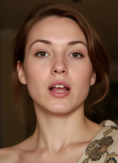 Ultra-detailed photorealistic portrait of a mature russian woman, age 40 during intrensive moaning orgasm, with highly symmetrical facial anatomy, expressive hazel eyes, and refined natural beauty. Elongated oval face shape, face length about 1.4× face width. High broad forehead occupying the upper third of the face. Moderately pronounced high cheekbones, widest point slightly above nostril level. Soft feminine jawline without sharp angles. Medium-small rounded chin, slightly tapered. Fair ivory-beige skin with neutral-warm undertones, realistic texture, soft pores, faint lines around eyes and nasolabial folds, natural glow on forehead and cheekbones. Medium-sized almond-shaped hazel eyes with warm brown-green tones. Eyes spaced one eye-width apart, positioned along the facial midline. Outer eye corners slightly elevated by 3–5 degrees, creating an attentive thoughtful gaze. Moderately hooded upper eyelids with visible crease. Medium-large irises for an expressive intelligent look. Medium-density eyebrows with soft angular arch. Brows begin vertically above inner nostril edges, arch peaks above outer iris, tails align diagonally from nostril through outer eye corner. Straight elegant nose of medium length with narrow-to-medium bridge, smooth profile, softly rounded tip, compact symmetrical nostrils. Nose width approximately equal to distance between inner eye corners. Inner eye corners align vertically near outer nostril edges. Nasal tip positioned midway between eye line and chin. Lips medium-full with clearly defined contour, upper lip slightly thinner than lower lip. Soft Cupid’s bow. Mouth width aligns near inner iris positions. Lower lip gently rounded. Natural muted berry-pink lipstick. Neutral to slightly downward mouth corners create composed serious expression. Moderate philtrum length. Thick chestnut-brown hair with warm copper undertones, styled in layered chin-length or shoulder-length bob with soft curls or waves. Hair volume frames temples and cheekbones, emphasizing eyes. Orgasm expression, pleasure and suprise presence, subtle introspective gaze slightly off-camera. Appearance resembles a sophisticated psychologist, lecturer, author, or public intellectual. Cinematic editorial portrait photography, ultra realistic skin texture, natural soft lighting, shallow depth of field, 85mm lens look, authentic mature beauty, highly detailed facial proportions, photorealistic rendering., skin, texture, style, realism, detailed, sad, very, happy, angry, surprised, open, mouth, scared, disgusted, <lora:skin texture style v5:.5>, <lora:expression_helper2.0:1.8>