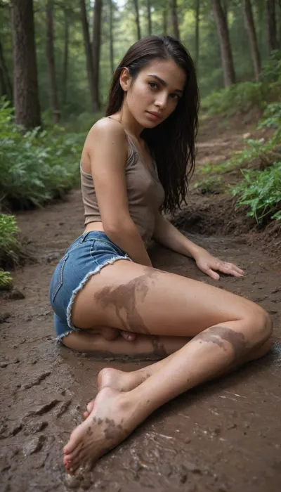 femboy, 28 years old, full-body shot, (black hair), Latina, beautiful naked, small breasts, (forest, in mud:1.3), body dirty with mud, (lying on side in mud), legs spread, barefoot, ultra detailed, realistic, (extremly short denim shorts:1.2), see through tank top, heavy wet, Endless_Up_SDXL_Neg, detailxl, cinematic lighting, digital painting, vibrant colors, forest, best quality, masterpiece, erect-futa, small erect-penis, woman, testicles, erection, <lora:SDXLlora13ErFut:.8>, show asshole