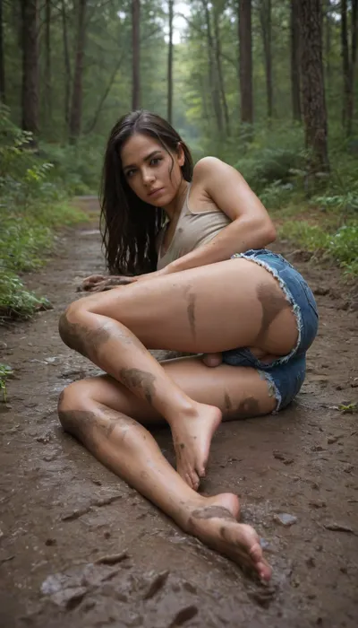 femboy, 28 years old, full-body shot, (black hair), Latina, beautiful naked, small breasts, (forest, in mud:1.3), body dirty with mud, (lying on side in mud), legs spread, barefoot, ultra detailed, realistic, (extremly short denim shorts:1.2), see through tank top, heavy wet, Endless_Up_SDXL_Neg, detailxl, cinematic lighting, digital painting, vibrant colors, forest, best quality, masterpiece, erect-futa, small erect-penis, woman, testicles, erection, <lora:SDXLlora13ErFut:.8>, show asshole