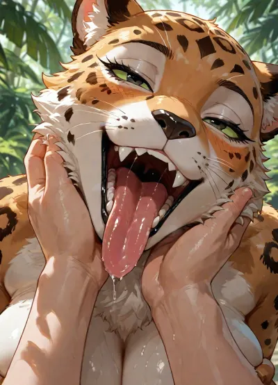 Masterpiece, high Quality, simple background, Best Quality, 1girl, furry, leopard, light-green sclera, black eyes, black nose, whiskers, orange body, orange fur, white body, white fur, two tone body, two tone fur, black spots, spotted body, no humans, looking at viewer, blush, heavy breathing, open mouth, drooling, rolling eyes, saliva, barbed tongue, evil smile, sharp teeth, fangs, toned, nude, Big breasts, dynamic angle, side view of head, close-up, mouth focus, pov hands, hand touching cheek, head resting on hand, head tilt, licking finger, licking hand, breast grab, interspecies, motion lines, BREAK
1boy, human, light skin, faceless male, outdoors, dappled sunlight, jungle, <lora:add-detail-xl:1.2>, <lora:LCMTurboMix_Euler_A_fix:.8>