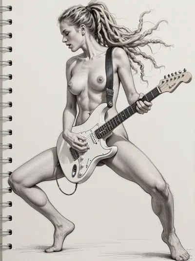((full body view)), ((Rough charcoal sketch on white paper)), 23 years old woman, ((skinny figure)), ((naughty pose)), ((clean line art)), she dynamically plays a electric guitar, Legs spread wide, upper body in rhythmic movement, her long blonde dreadlocks flies back, her breasts bounce very sexy, slim natural body, perky natural boobs, side view, close up face side front angle