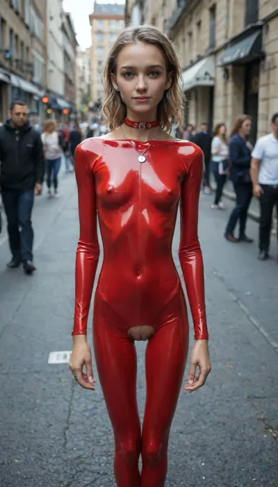 Film still, Freja is a 21-year-old Danish woman, ((slim:1.9)), ((skinny body:1.9)), ((muscular:1.3)), ((baby-face:1.5)), youthful, girlish, childlike, innocent appearance, very lean physique, petite small breasts, petite slim, danish woman, bright large green eyes, cute full mouth, very long reddish-blonde hair, pale skin is dotted with fine freckles, 1.78 m, (5'10"), she is strikingly tall and has extremely slender, almost fragile proportions, wears a size 32, (German size), Her silhouette is characterized by long, graceful limbs, an incredibly narrow waist, (48 cm/19"), and a rather delicate bust, (80 cm/31"), detailed face, beautiful, blushing, ((wearing red latex choker necklace with o-ring and spike studs)), Choker necklace with dog-tag, ((the dog-tag is labeled HOPPE)), ((wearing a red tight Gloss latex suit with cutouts at the breasts and vagina)), cutout Open Boobs tits, cutout Open pussy vulva, (()), alone, vulva, without panties, with arched back, standing vulgarly in Denmark, denmark a public pedestrian zone, a crowded pedestrian zone, ((intimate jewelry vagina)), ((intimate piercing thick steel rings on the labia)), ((vulgar body posture)), ((huge Dildo in Pussy)), vulgar erotic scene in public, Her body resembles that of a high-fashion model – symmetrical, striking, smiling, professional photography, top view, full body in the picturem