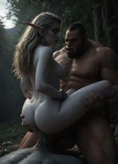(uber realistic), (world of warfraft art:1.5), (night elf female:1.4), (carry on cocks), (long ears:1.1), round breasts size 4, perfect fit figure with round big ass, glowing blue eyes, (pale blue skin:1.5), (long blonde hair), dripping cum, bronze arm cuffs, ornate cuffs, (big hair), (crimson orcs:1.5), (hulking muscular orcs:1.3), (huge orc cocks:1.4), (fear, surprised:1.3), captured, (double penetration:1.33), vaginal sex, broken anal in open gaping hole full pf cum, outdoors, forest setting, orc hands grope breasts, perky night elf woman bound by crude rope, (flat woman chest), armor littered floor, discarded armor, (ornate bracers, gold trim), (little round nipples), (tears down face, ruined makeup), tortured, helpless, (cunnilingus art style:1.2), artstyle, (anilingus), random angle shot, view from above, moon lit scene, moonlight, silver ambient light, soft silver light rays, World, of, Warcraft, cinematic, style, <lora:Lamentations-000016:.6>, <lora:SDXL1.0_Essenz-series-by-AI_Characters_Style_BetterPhotography-v1.2-'Skynet':2>, <lora:dark:.2>, <lora:SDXL-World-of-Warcraft-cinematic-style-Lora-r32-000005:1.2>