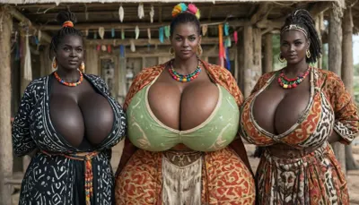 (an African tribe only of absolutely black skinned female tribal women:1.95), (very overflowing gigantic massive very saggy breasts cleavage:1.95), Tribal village square, African tribal updo hairstyle, rich decorated African traditional tribal jewelry, (colorful African traditional tribal fur clothes:1.55), (very gigantic massive overflowing colorful low cut cleavage:1.05), presenting bust, wide hips, small waist, very hairy pussy, (fully clothed, no nudity:2), loincloth, colorful kanga, colorful gomesi, colorful kitenge, colorful sarong, proud, arrogant, slutty, sloppy