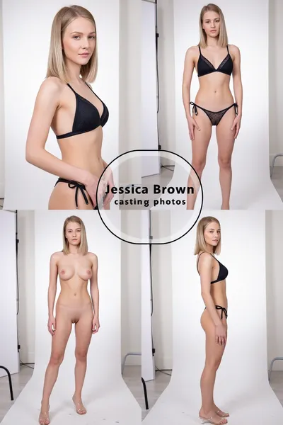 "Jessica Brown casting photos" A young woman, early twenties, with fair skin, a lean athletic build, and shoulder-length blonde hair styled in a sleek bob. She is wearing a sexy black lacy string bikini with a deep V-neckline on the top and a low-rise bottom with adjustable ties on the sides. Her posture is confident and poised. She has a slight nervous smile.In the top left, she is captured in a three-quarter profile, looking towards the viewer with a neutral, yet captivating expression. The other three images present her in full-body shots against a plain white studio background. In the top right and bottom right, she stands facing forward and then in profile, showcasing her figure. The bottom left image shows her nude, naked from the front fully naked, no clothes, completely nude. She wears clear heeled sandals. The lighting is bright, even studio lighting, with soft shadows that accentuate her form. The overall atmosphere is clean, professional, and focused on highlighting the model and her attire. Shot with a medium format camera, clean aesthetic, (fashion photography. --ar 3:4), --q 2 --s 750 --v 5.2