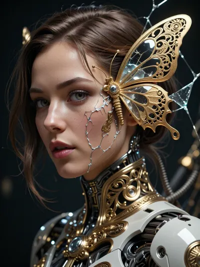 photo, 8k portrait of beautiful cyborg with brown hair, intricate, elegant, highly detailed, majestic, digital photography, art by artgerm and ruan jia and greg rutkowski surreal painting gold butterfly filigree, broken glass, (masterpiece, sidelighting, finely detailed beautiful eyes:1.2), hdr, realistic, high definition