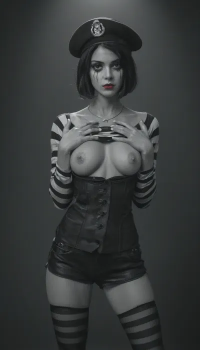 A beautiful woman in a classic mime costume with exaggerated curvy body figures, Deep neckline and a necklace on the chest, Short black shorts and ripped stockings, wearing traditional black and white mime makeup with white face paint, She makes obscene gestures with her hands, hinting at sex, black eyeliner around eyes, red lips, wearing a black and white striped long-sleeve shirt, black pants, black beret, white gloves, standing in a dramatic pose against a dark theatrical background, cinematic lighting, highly detailed, photorealistic, 8k, sharp focus