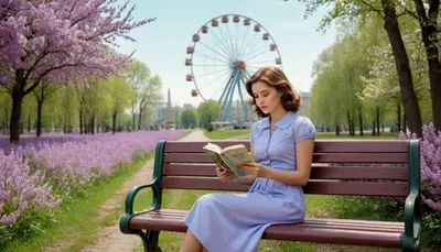 beautiful student reads a book while sitting on vintage park bench in old soviet style under a blooming lilac bush in a park, ferris wheel on the horizon, amusement park setting and entourage as background., (USSR epoch, soviet poster art style, Soviet advertising art style, 1970s analog photo for soviet magazine, 1970s atmosphere)