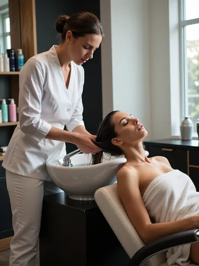A professional cosmetologist at work in a modern, sleek salon, wearing a white beauty tunic paired with slim-fit trousers, attentively washing a client’s hair at a contemporary salon basin. The client is seated in a sleek reclining chair, their head over the basin, wearing a towel that covers her breasts. The composition is mid-shot, capturing both the cosmetologist and the seated client, with soft-focus background elements like shelves of hair products and warm wooden accents. Soft, natural lighting from large windows casting gentle shadows. The colour palette emphasizes clean neutrals—whites, blacks, and warm browns—with subtle hints of pastel-coloured product bottles. Realistic textures emphasize smooth fabrics, glistening wet hair, and ceramic basin surfaces. The mood is professional, calm, and focused, with a slight sense of motion in the water and gentle hands. High-quality, high-detailed, photorealistic rendering.