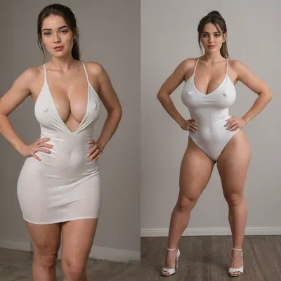 Sexy adult realistic illustration of a sultry, Voluptuous young woman, Photorealistic diptych portrait of the same curvy woman in, (two panels side-by-side:1.3), against a seamless studio background separated by a thin vertical gap, left panel full-frontal view, right panel full-back view, model wearing a form-fitting, (red:1.3), micro mini bodycon dress with deep V neckline, (large cleavage:1.3), (hyper erect nipples:1.3), in front and low scoop back, white high heels, left pose, confident stance, one hand on hip, other hand lightly touching collarbone, soft natural expression, subtle makeup, loose bangs framing face, right pose, hands on hips, hair pulled into a mid-height ponytail revealing back, weight shifted to one leg, even soft studio lighting, clean soft shadows, high detail skin texture, realistic cloth folds, accurate anatomy and proportions, cinematic color grading, ultra-detailed 4k photoreal, crisp edges, neutral tones, minimal post-processing., (detailed skin texture:1.2), soft expression, massive underbutt, (curvaceous body type:1.3), (huge round ass:1.3), (massive round ass:1.3), (bulging bubble butt:1.3), cleft ass, deep buttcrack, (suggestive pose:1.3), (8k, ultra sharp, professional), <lora:bottomheavy_v1_sdxl_LoRA:2>, <lora:BodyLicious:2>, <lora:4panel:.8>