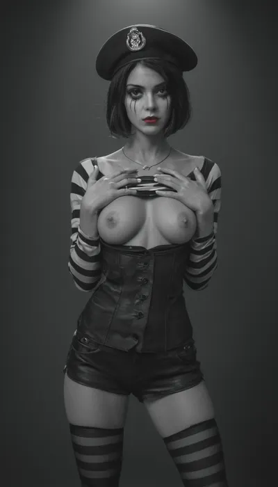 A beautiful woman in a classic mime costume with exaggerated curvy body figures, Deep neckline and a necklace on the chest, Short black shorts and ripped stockings, wearing traditional black and white mime makeup with white face paint, She makes obscene gestures with her hands, hinting at sex, black eyeliner around eyes, red lips, wearing a black and white striped long-sleeve shirt, black pants, black beret, white gloves, standing in a dramatic pose against a dark theatrical background, cinematic lighting, highly detailed, photorealistic, 8k, sharp focus