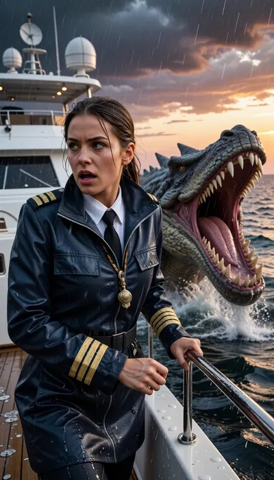 An epic cinematic photograph shot on the bow of a luxury yacht at sunset, where a female ship's captain stands on the rain-swept deck, her face a mix of shock and determination as she stares to her left. She is mid-action, wearing a high-end, tailored navy blue waterproof technical jacket with epaulets featuring captain's rank stripes and a visible brass whistle on a lanyard around her neck, not military. Her rain-soaked hair is pulled back, and she is gripping the steel rail fiercely. Emerging violently from the churning, deep grey-blue sea right next to the boat is a colossal, terrifying reptilian leviathan with a massive gaping mouth full of multi-layered jagged teeth, erupting from the water in a dynamic spray. The monster's wet, ancient scales glisten. Behind her is the modern white yacht structure with satellite domes. Dramatic stormy sunset sky with orange and purple light piercing dark clouds. Rain and sea spray saturate the air. Dynamic composition, high contrast, filmic lighting, extreme detail on her technical jacket and the monster's hide, hyper-realistic water physics.