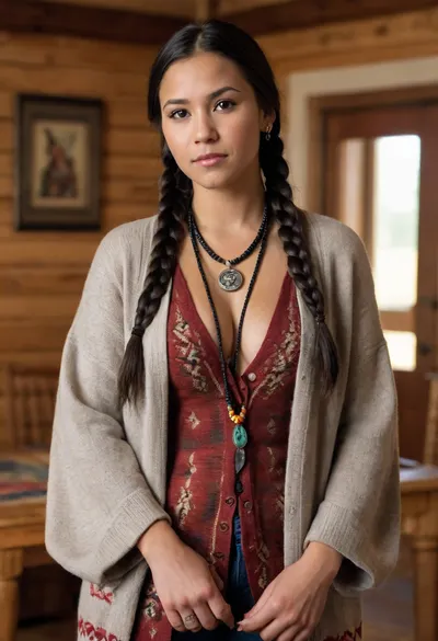 This is a busty beauty, Hopi Indian girl with black hair and long braided pigtails. She has tan skin. She is wearing a wool cardigan with Native American print. The sweater is unbuttoned. Her saggy, soft, large, pendulous breasts are visible. Her breasts are naked. She has brown nipples. She is also wearing tight jeans. She is wearing Native American necklace, earrings, bracelets, and rings. She is playing with her braids. She is in a lodge.