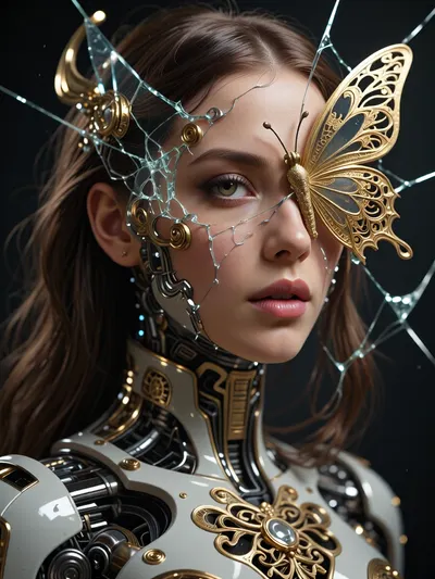 photo, 8k portrait of beautiful cyborg with brown hair, intricate, elegant, highly detailed, majestic, digital photography, art by artgerm and ruan jia and greg rutkowski surreal painting gold butterfly filigree, broken glass, (masterpiece, sidelighting, finely detailed beautiful eyes:1.2), hdr, realistic, high definition