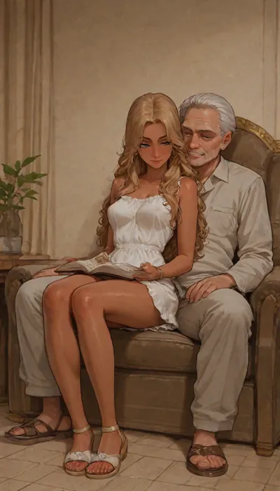 (art style), full body view, deeply tanned reading 18 year old adult girl sitting on lap old man, (Upskirt), job Rubbing pussy against a dick, her reaches out with his hands to the dick head, old man relaxed on a seat leaning against the backrest, gentle job friction pussy on dick, erect dick, flashing pussy, front view, wearing a white transparent ruffle minidress and flat sandals concentrated looking in a book, sunny day, reading concentrated in a book, perfectly round medium breasts, dark blonde wavy long hair, freckles, sweating, (deeply seamless tanned), narrow waist, silent smile, best quality, photorealism, masterpiece, dark blue eyes, full body, no_bra, covered_nipples, clothes, arya-fae, arya-metart, (cartoon), tooned, cartoon, low color palette, painted, illustration, made in illustrator, (traditional media:1.5), no gradients, incase style, concept, retro, futuristic, flat colors, ac_neg1