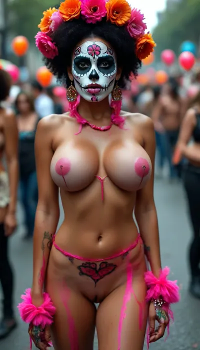 Long shot, full body image, dia de los muertos, Afro beauty with skull face paints sticking out her very long pink tongue, huge parade in Mexico City, Day of the Dead, nude, but, large, breasts, big, boobs, huge, tits, <lora:BUT_SDXL_SHS:.8>, <lora:MJ52:.8>, <lora:bombshell_v2:.4>