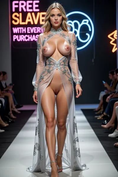 A 25-year-old Scandinavian woman, detailed blue eyes, detailed blonde hair, model looks, tall, detailed long legs, and detailed high heels. She's wearing a detailed long transparent dress with a low neckline that reveals her bare pussy., (pussy visible), ((breasts visible)), Her cleavage is huge, revealing her nipples. detailed round perky breasts, detailed smooth tight pussy. She's walking the runway at a fashion show. FREE SLAVE WITH EVERY PURCHASE in neon light sign in background