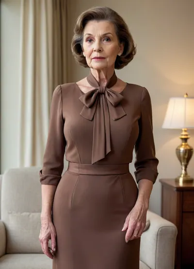 Classy american grandma, ultra elegant minimalistic simple formal business dress with silk bow blouse, without bra, huge ultra saggy breasts, brown hair