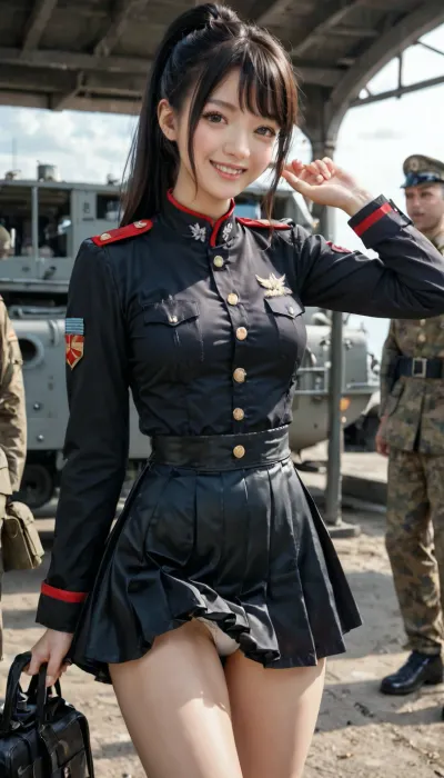 1girl of 29 years old, cute asian, smile, (slim body, slim legs, slim thigh:1.02), (matte black military uniform with thin red line, pleated matte black dress mini skirt with frills:1.02), (many under skirt of white, peticoat:1.05), (flutter up wildly, lift up skirt, white sexy panty, string panty, ultra-detailed panty:1.07), volumy hair, high-ponytail, (very long straight black hair that reached her thigh:1.03), black eyes, (her breast of G-cups:1.02), spread hands, raised hand, (military, in warship hanger:1.05), (realistic:1.24), <lora:HandFineTuning_XL:1>, <lora:japanese_girl_v1.1:1.4>, <lora:cute_girls_xl_v1:1.6>
