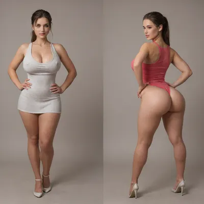 Sexy adult realistic illustration of a sultry, Voluptuous young woman, Photorealistic diptych portrait of the same curvy woman in, (two panels side-by-side:1.3), against a seamless studio background separated by a thin vertical gap, left panel full-frontal view, right panel full-back view, model wearing a form-fitting, (red:1.3), micro mini bodycon dress with deep V neckline, (large cleavage:1.3), (hyper erect nipples:1.3), in front and low scoop back, white high heels, left pose, confident stance, one hand on hip, other hand lightly touching collarbone, soft natural expression, subtle makeup, loose bangs framing face, right pose, hands on hips, hair pulled into a mid-height ponytail revealing back, weight shifted to one leg, even soft studio lighting, clean soft shadows, high detail skin texture, realistic cloth folds, accurate anatomy and proportions, cinematic color grading, ultra-detailed 4k photoreal, crisp edges, neutral tones, minimal post-processing., (detailed skin texture:1.2), soft expression, massive underbutt, (curvaceous body type:1.3), (huge round ass:1.3), (massive round ass:1.3), (bulging bubble butt:1.3), cleft ass, deep buttcrack, (suggestive pose:1.3), (8k, ultra sharp, professional), <lora:bottomheavy_v1_sdxl_LoRA:2>, <lora:BodyLicious:2>, <lora:4panel:.8>