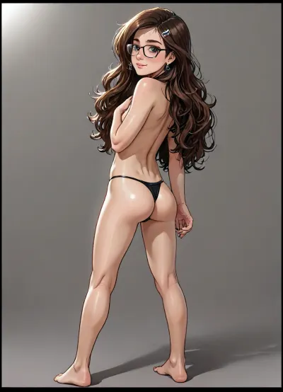 (Andava style), Melkor mancin meets gavatino art style, reiq style, Cel-shaded, inked lineart, limited color palette, full body view, (rear view), beautiful 19 year old woman, (cute face:1.6), full lips, realistic slender figure, skinny body, dark hair, (shoulder long wavy hair), bright hazel eyes, (small slender breasts, flat chest), wide dark areolas, flat stomach, skinny slender butt, warm light, (topless), (black thong), puffy pussy, (silver earrings), black framed classic glasses, extreme photorealism, vibrant colors, realistic detailed skin, tanned skin texture, sunny, telephoto lens, (extremely real), (extremely lifelike), standing, seductive pose, J3SSJ3SSU, mk_jq, <lora:J3SSJ3SSU_last:.8>, <lora:MK_jiaoqi_xl_v1.1:.8>, <lora:LCMTurboMix_Euler_A_fix:2>, <lora:EnvyCelShadedXL01:1.1>, <lora:EnvyCuteXL01v12:1.2>