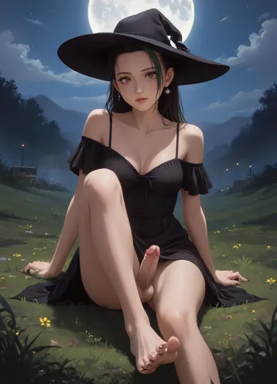 anime style, beautiful woman, nemona from Pokémon, big expressive eyes, backlighting, rim light, cool color palette, night scene, full moon in background, subtle fog, atmospheric, moody lighting, high detail, sharp focus, depth of field, digital illustration, clean lines, soft shading, smooth gradients, polished, breasts, barefoot, toes, feet, futanari, testicles, erection, penis, solo, soles, uncensored, looking_at_viewer, night, moon, dress, black_dress, long_hair, black_hair, green_bangs, sitting, large_breasts, sky, black_headwear, cleavage, outdoors, hat, off-shoulder_dress, black_nails, full_moon, bare_shoulders, lips, jewelry, grass, no_panties, earrings, parted_lips, thick_lips, newhalf, arm_support, night_sky, off_shoulder, collarbone, full_body, bare_legs, nail_polish, large_penis, bottomless, toenails, on_ground, star_, (sky), cloud, blue_eyes, ghst, <lora:SDXL1.0-LoRa_Zeitgeist-Ghibli-Style_by-AI_Characters-v2.0:1.2>, <lora:NEOTOKIOXL_0.2_RC:1.8>, <lora:Shaded-Retro-Anime:1.6>