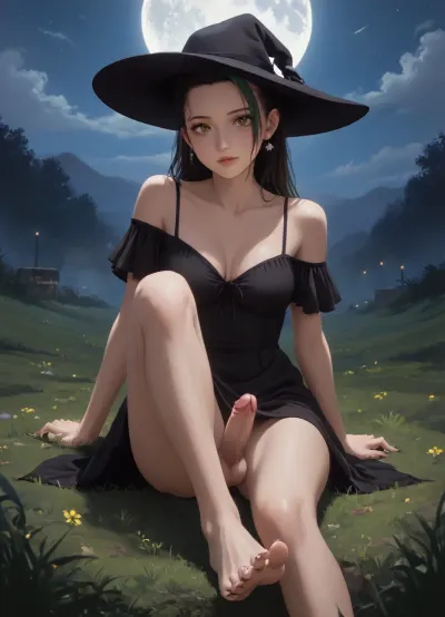 anime style, beautiful woman, nemona from Pokémon, big expressive eyes, backlighting, rim light, cool color palette, night scene, full moon in background, subtle fog, atmospheric, moody lighting, high detail, sharp focus, depth of field, digital illustration, clean lines, soft shading, smooth gradients, polished, breasts, barefoot, toes, feet, futanari, testicles, erection, penis, solo, soles, uncensored, looking_at_viewer, night, moon, dress, black_dress, long_hair, black_hair, green_bangs, sitting, large_breasts, sky, black_headwear, cleavage, outdoors, hat, off-shoulder_dress, black_nails, full_moon, bare_shoulders, lips, jewelry, grass, no_panties, earrings, parted_lips, thick_lips, newhalf, arm_support, night_sky, off_shoulder, collarbone, full_body, bare_legs, nail_polish, large_penis, bottomless, toenails, on_ground, star_, (sky), cloud, blue_eyes, ghst, <lora:SDXL1.0-LoRa_Zeitgeist-Ghibli-Style_by-AI_Characters-v2.0:1.2>, <lora:NEOTOKIOXL_0.2_RC:1.8>, <lora:Shaded-Retro-Anime:1.6>