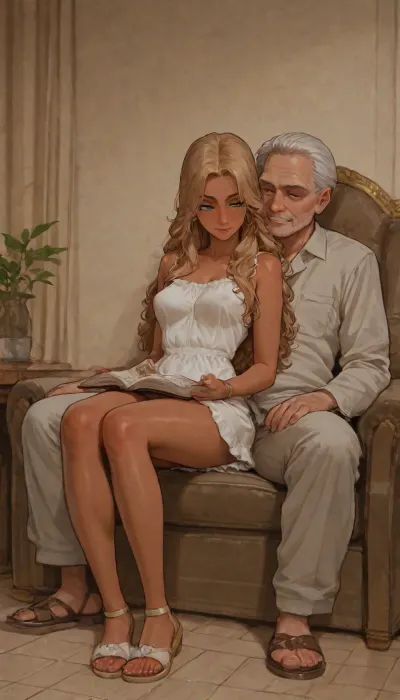 (art style), full body view, deeply tanned reading 18 year old adult girl sitting on lap old man, (Upskirt), job Rubbing pussy against a dick, her reaches out with his hands to the dick head, old man relaxed on a seat leaning against the backrest, gentle job friction pussy on dick, erect dick, flashing pussy, front view, wearing a white transparent ruffle minidress and flat sandals concentrated looking in a book, sunny day, reading concentrated in a book, perfectly round medium breasts, dark blonde wavy long hair, freckles, sweating, (deeply seamless tanned), narrow waist, silent smile, best quality, photorealism, masterpiece, dark blue eyes, full body, no_bra, covered_nipples, clothes, arya-fae, arya-metart, (cartoon), tooned, cartoon, low color palette, painted, illustration, made in illustrator, (traditional media:1.5), no gradients, incase style, concept, retro, futuristic, flat colors, ac_neg1