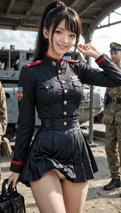 1girl of 29 years old, cute asian, smile, (slim body, slim legs, slim thigh:1.02), (matte black military uniform with thin red line, pleated matte black dress mini skirt with frills:1.02), (many under skirt of white, peticoat:1.05), (flutter up wildly, lift up skirt, white sexy panty, string panty, ultra-detailed panty:1.07), volumy hair, high-ponytail, (very long straight black hair that reached her thigh:1.03), black eyes, (her breast of G-cups:1.02), spread hands, raised hand, (military, in warship hanger:1.05), (realistic:1.24), <lora:HandFineTuning_XL:1>, <lora:japanese_girl_v1.1:1.4>, <lora:cute_girls_xl_v1:1.6>